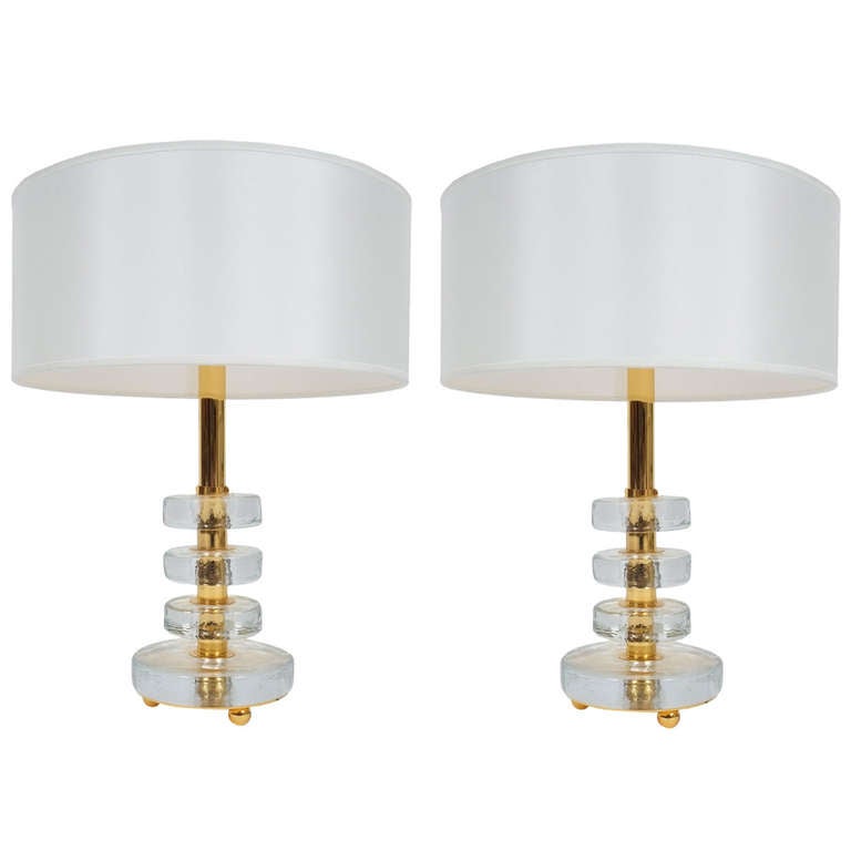 Bakalowits Round Glass Block Brass Table Lamp at 1stdibs