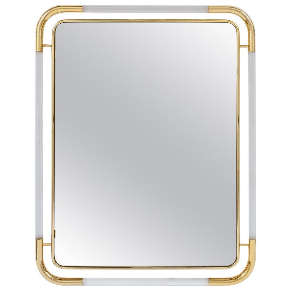 Large Lucite and Brass Mirror in the Style of Romeo Rega