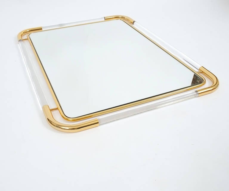 German Large Lucite and Brass Mirror in the Style of Romeo Rega