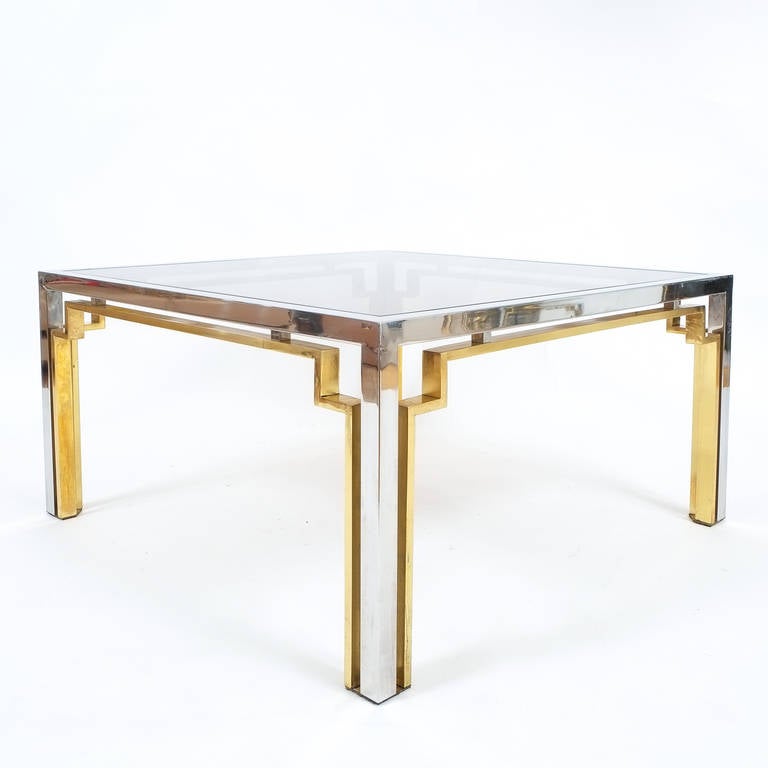 Mid-Century Modern Coffee Table Double-Frame Brass Chrome Glass, Italy circa 1975