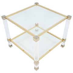 Lucite and Brass Signed Side Table by Pierre Vandel, 1970