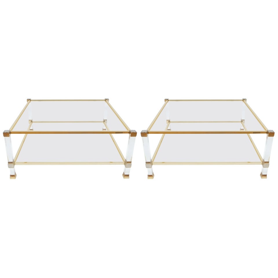 Pair of Lucite and Brass Signed Coffee Tables by Pierre Vandel, 1970