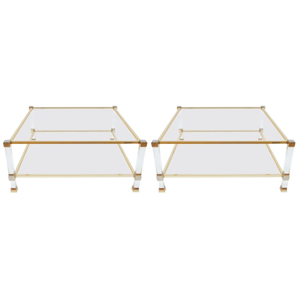 Pair of Lucite and Brass Signed Coffee Tables by Pierre Vandel, 1970