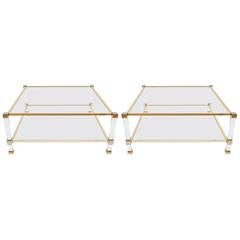 Pair of Lucite and Brass Signed Coffee Tables by Pierre Vandel, 1970