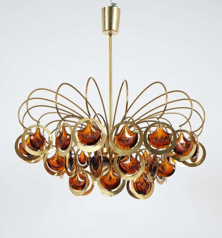 Hollywood Regency Italian Brass and Glass Chandelier in the Style of Sciolari