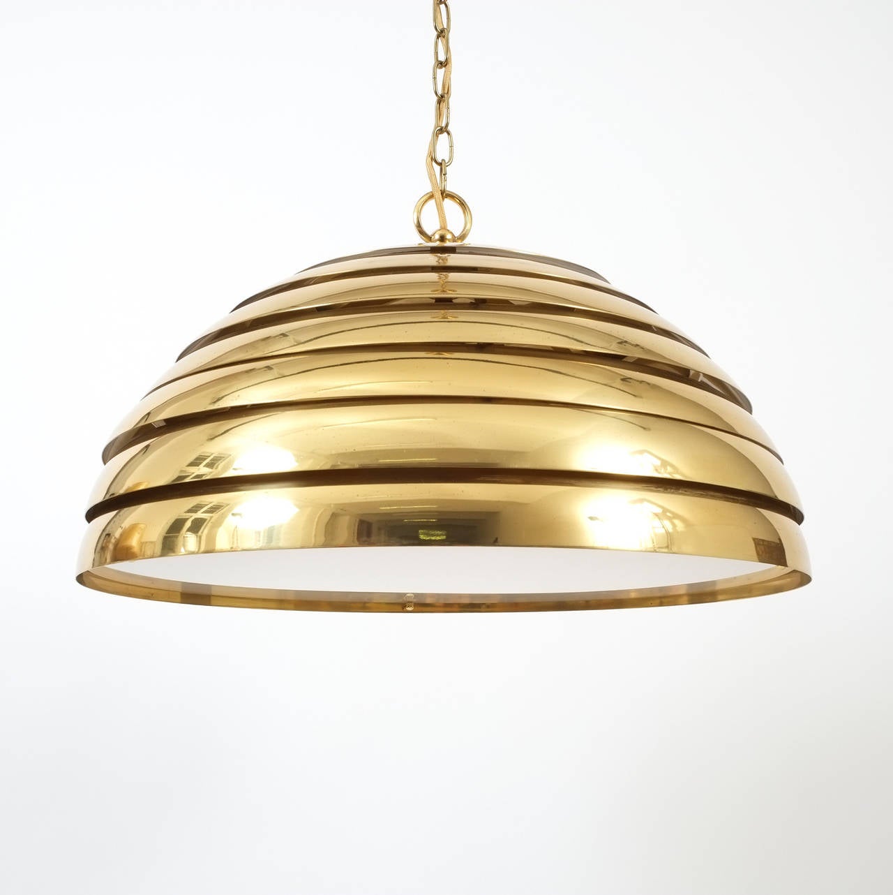 Florian Schulz Large Behive Brass Dome Pendant with Translucent Diffuser, 1960. Stunning 24 inch multi-layered gold-plated brass pendant for Vereinigte Werkstätten/ Germany. The condition is excellent. It holds a single bulb (200W max). The pictured