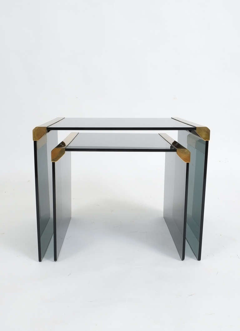 Late 20th Century Set Of Two Smoked Glass Nest Side Tables By Pierangelo Galotti