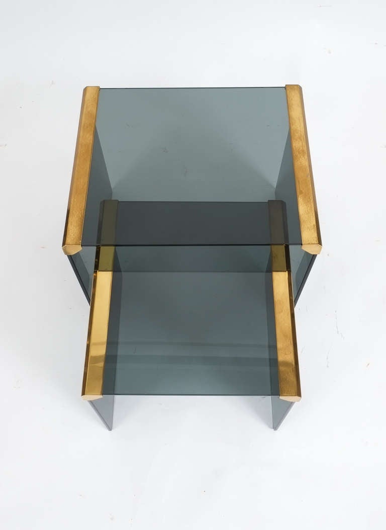 Brass Set Of Two Smoked Glass Nest Side Tables By Pierangelo Galotti