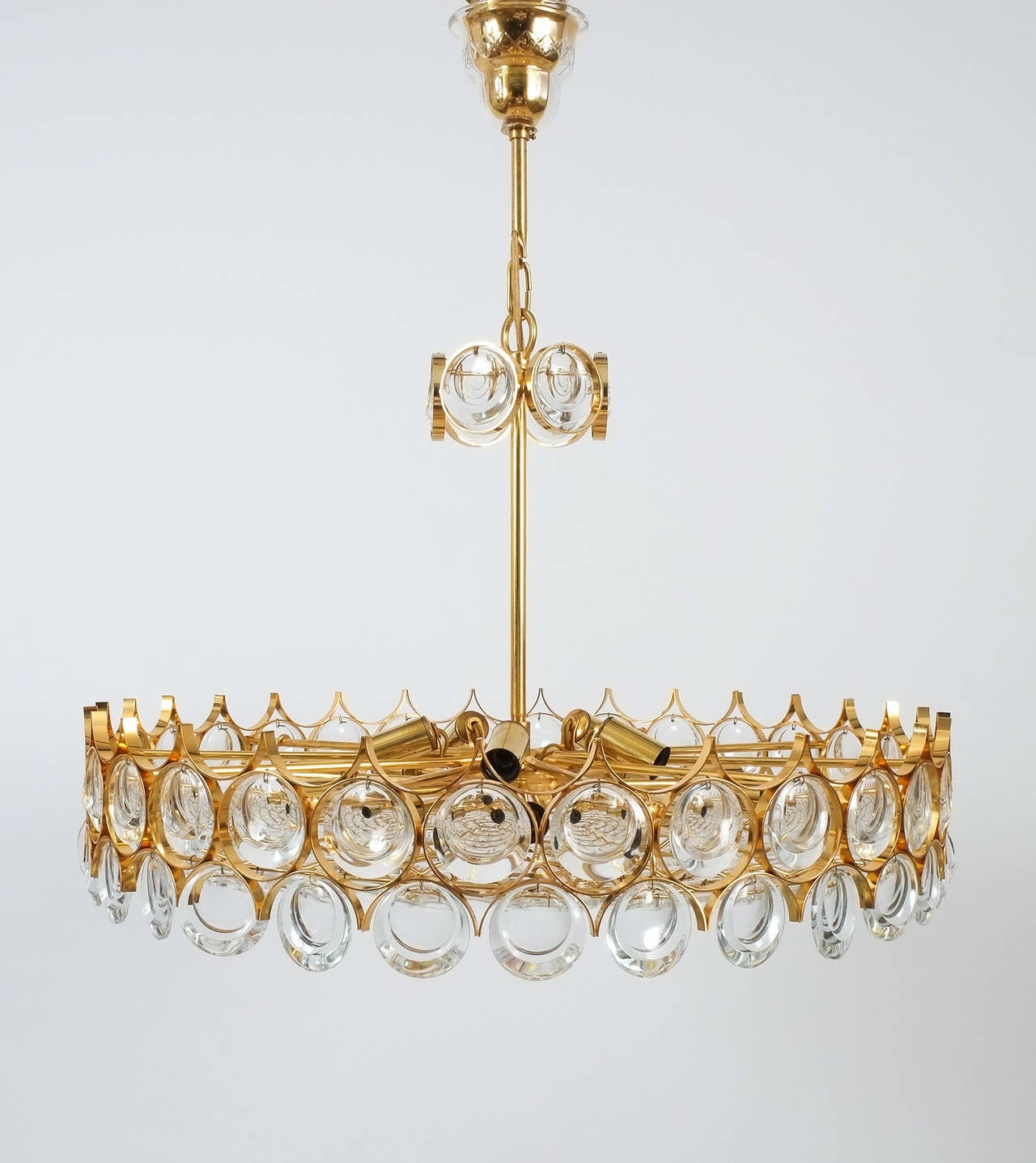 Gold Plate Palwa Gold Brass and Glass Large Chandelier Ceiling Lamp, 1960