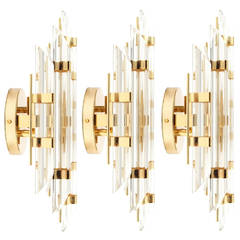 Gorgeous Set of Three Venini Style Italian Murano Glass and Brass Sconces