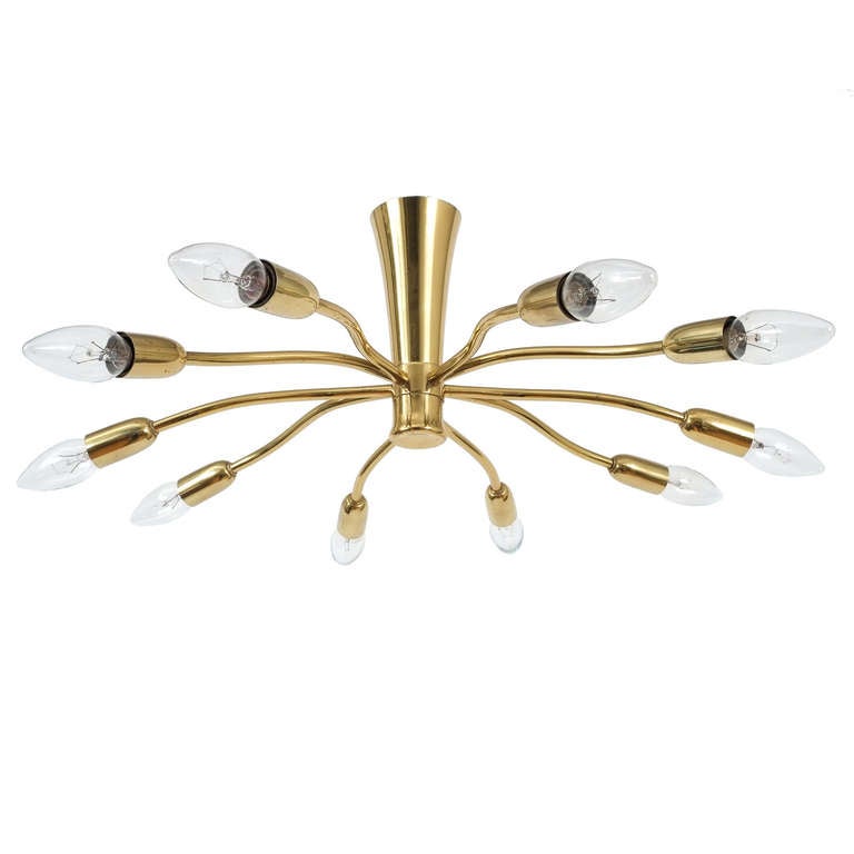 J.T Kalmar brass Sputnik Scorpio chandelier ceiling lamp light, 1950. Rare original 'Scorpio' fixture by Kalmar/Austria composed of brench-like split brass tubes with a gorgeous organical handcrafted appeal. Ten bulbs are illuminating this fixture