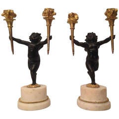 18th French  Pair Of Candlesticks With Puttoes Gilt Bronze And Burnished White Marble Two Arm