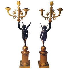 19th French Pair Candelabras Bronze With Gilded Cupids