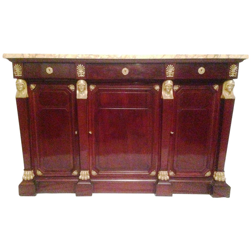19th Century French Buffet in Feather Mahogany of the Return of Egypt with Gilded Bronze
