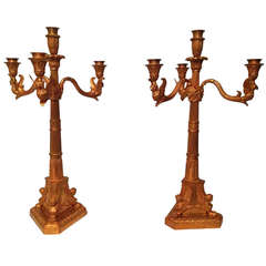 19th Century French Important Pair of Candelabras A Quattre Arm, Light Bronze Dore
