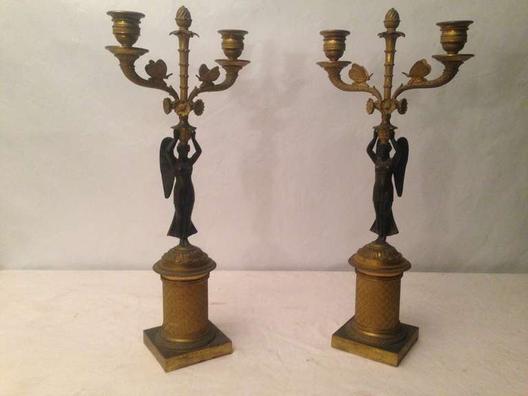 19th Century French Pair of Chandeliers, Empire Gilt Bronze