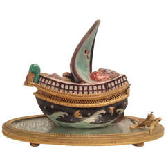 19th French Porcelain Inkwell Boat Shape