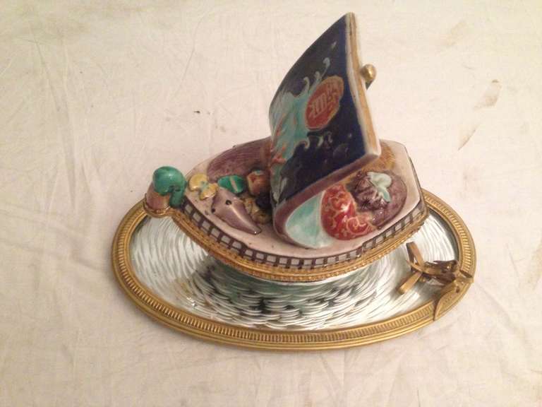 19th French Porcelain Inkwell Boat Shape 5