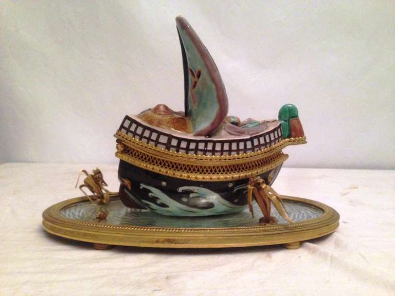 19th French Porcelain Inkwell Boat Shape 6