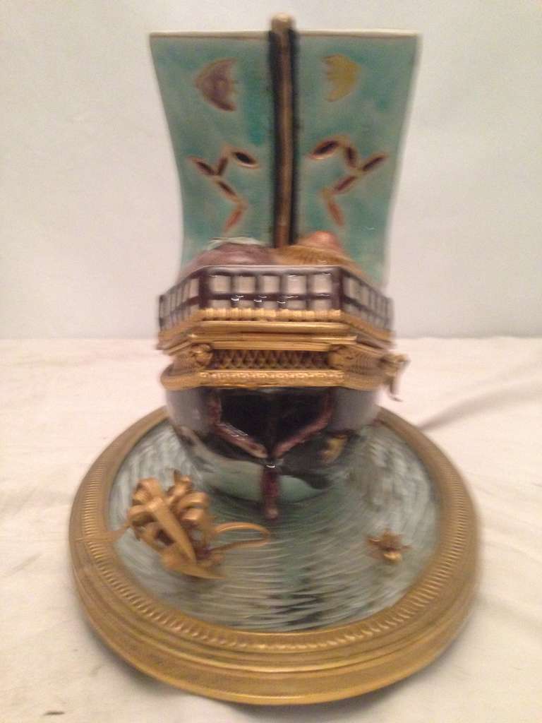 19th French Porcelain Inkwell Boat Shape 7