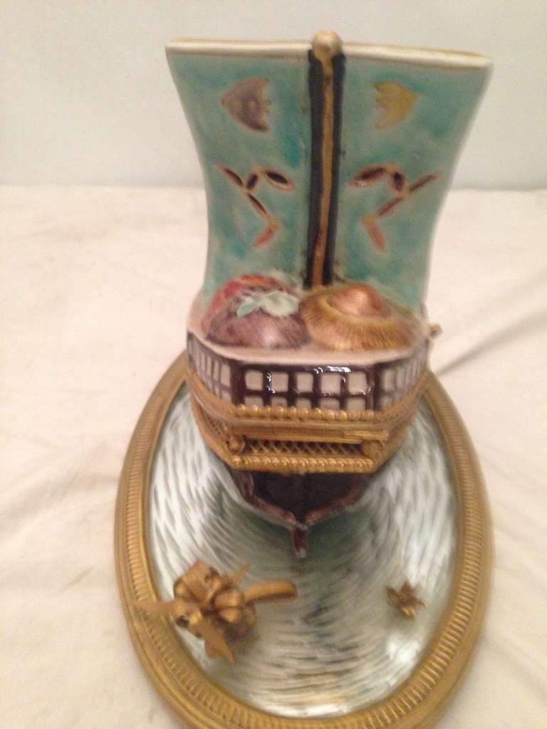 19th French Porcelain Inkwell Boat Shape 4