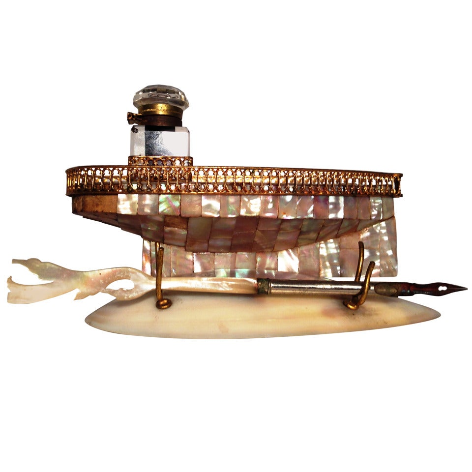 19th French Mother of Pearl Inkwell In Form of a Boat