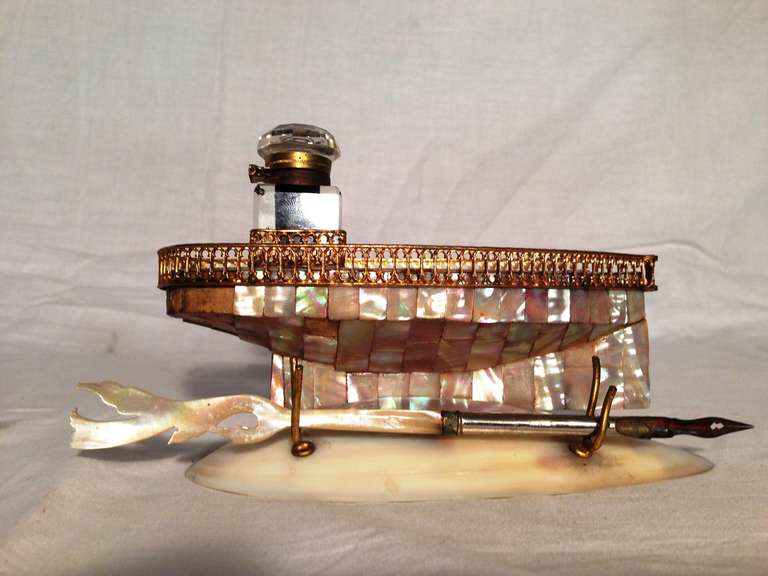 19th French Mother of Pearl Inkwell In Form Boat Louis Philippe period