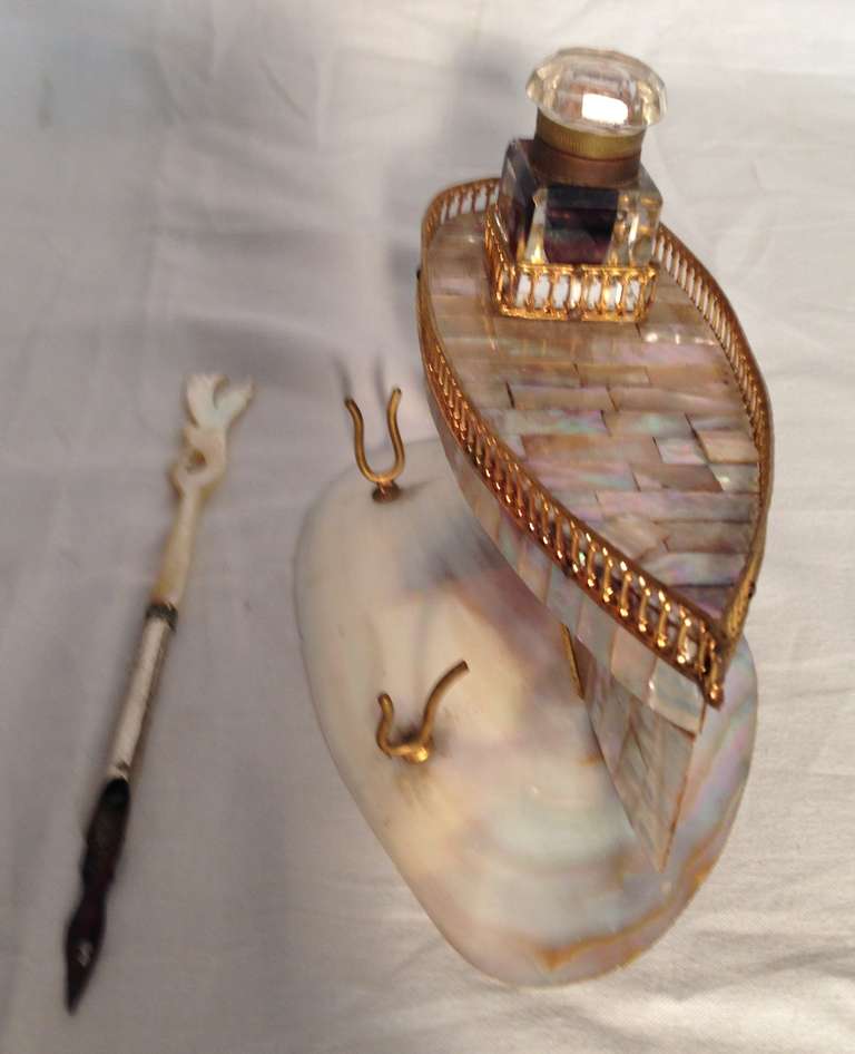 19th Century 19th French Mother of Pearl Inkwell In Form of a Boat