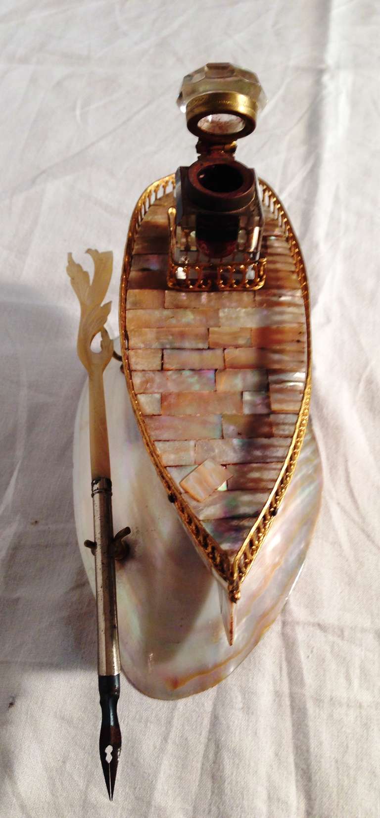 19th French Mother of Pearl Inkwell In Form of a Boat 2