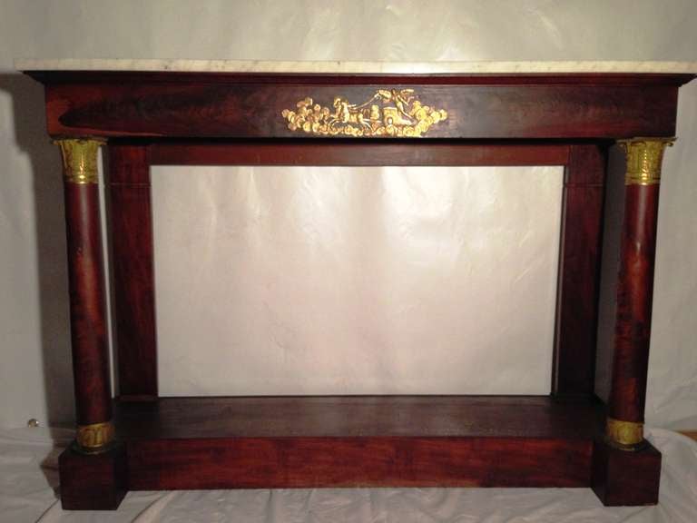 19th Century French Empire Console in Mahogany Flame and Gilded Bronze Mercury