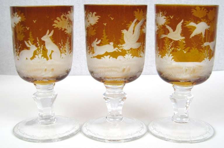 Set of 6 1900's Century Amber Bohemian wine glasses Forest scene, Trees, birds and Rabbits In Excellent Condition In Wallkill, NY