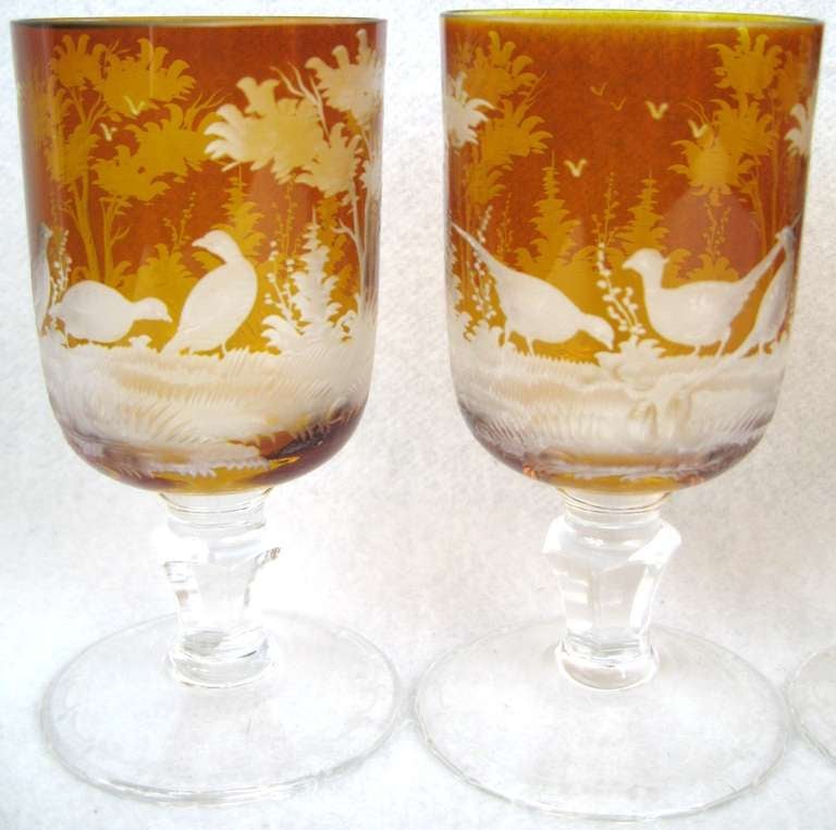 Set of 6 1900's Century Amber Bohemian wine glasses Forest scene, Trees, birds and Rabbits 3