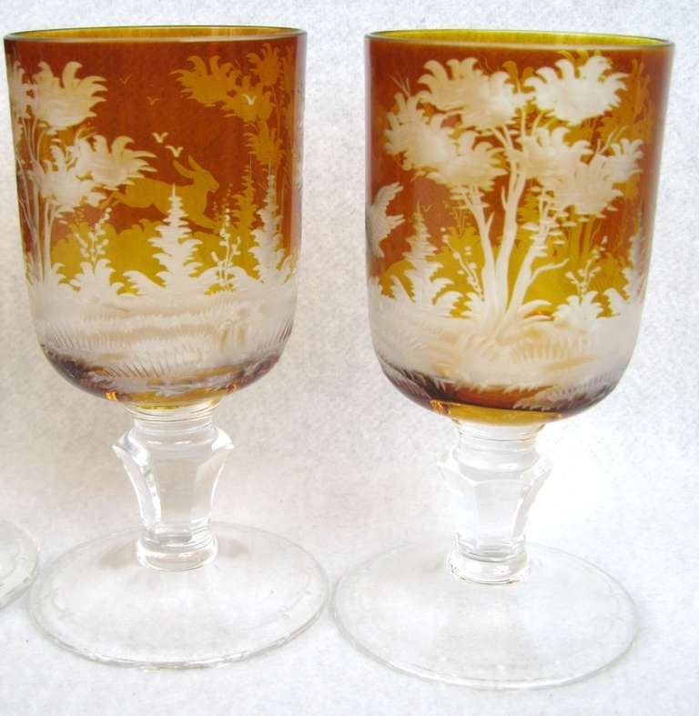 Set of 6 1900's Century Amber Bohemian wine glasses Forest scene, Trees, birds and Rabbits 2