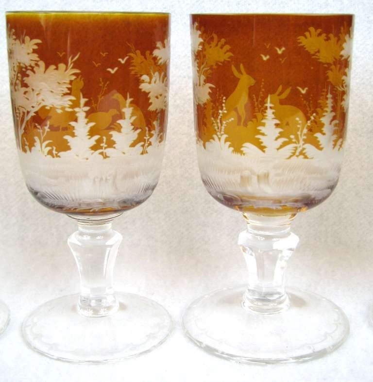 20th Century Set of 6 1900's Century Amber Bohemian wine glasses Forest scene, Trees, birds and Rabbits