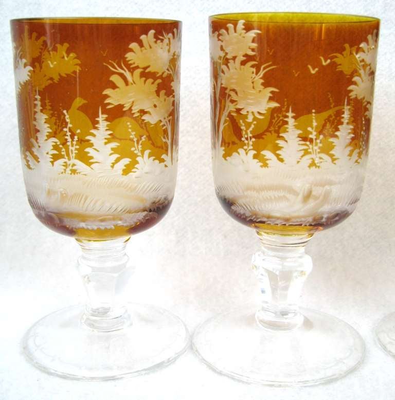 Set of 6 1900's Century Amber Bohemian wine glasses Forest scene, Trees, birds and Rabbits 1