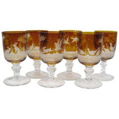 Set of 6 1900's Century Amber Bohemian wine glasses Forest scene, Trees, birds and Rabbits