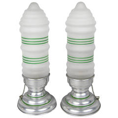 Pair of American Art Deco Aluminum and Frosted Glass Table Lamps 1