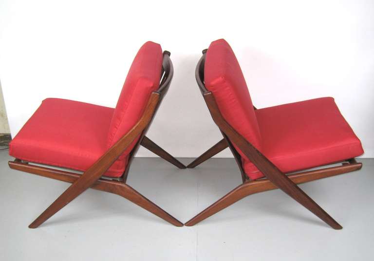 1960's Folke Ohlsson for DUX Walnut Scissor Chairs, Newly Reupholstered.