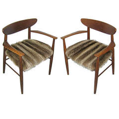 Vintage Pair of Mid-Century Modern Teak Chairs, Fur Seats