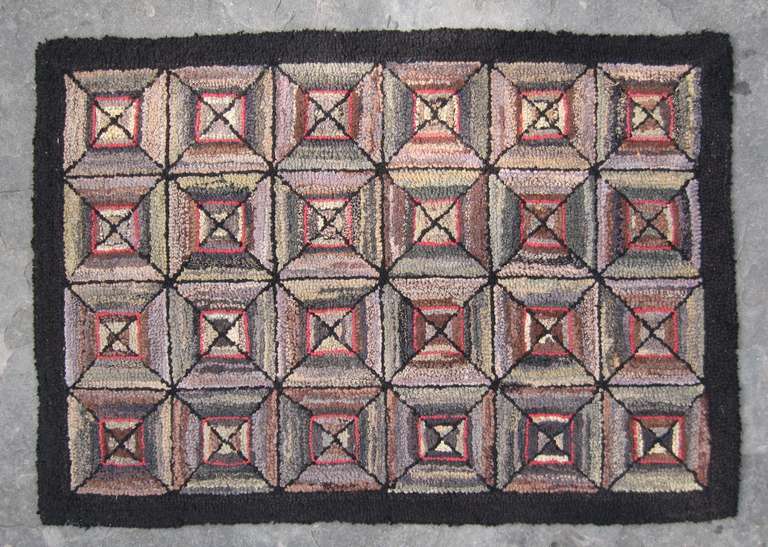 This is a Spectacular Geometric Vintage American Folk Art Hook Rug
Box triangle motif with nice coloring 
Great piece of Americana 
Any questions please hit contact dealer