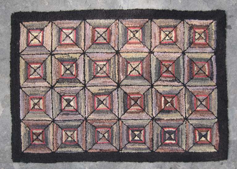 Spectacular Geometric Vintage American Folk Art Hook Rug
