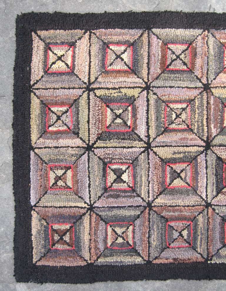 Spectacular Geometric Vintage American Folk Art Hook Rug In Excellent Condition In Wallkill, NY