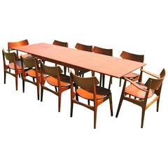 Teak Danish Modern Dining Room Table with Ten Chairs by Erik Buck