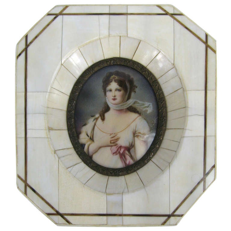 19th c. Victorian Painted on Ivory Frame Portrait Miniature For Sale at
