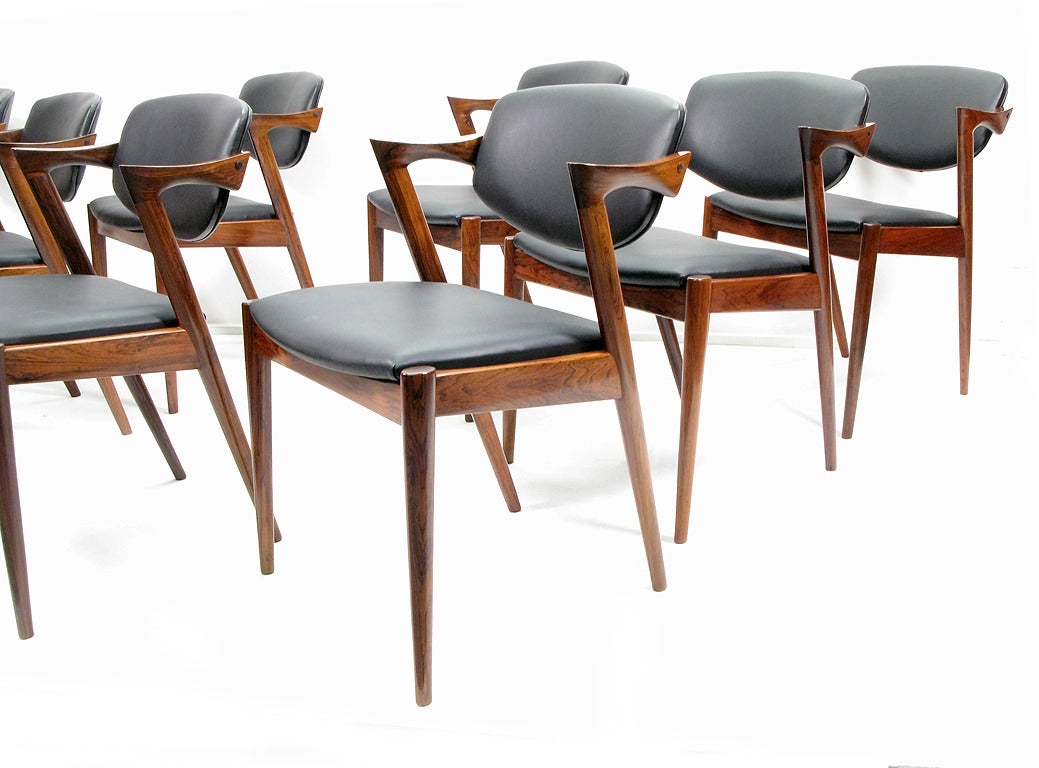 Leather Eight Danish Rosewood Dining Chairs by Kai Kristiansen