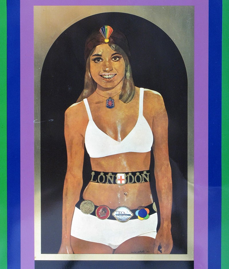 A vivid 1968 screen-print on tin by Peter Blake for Dodo Designs. It depicts a vintage pop-era subject of Blake's imagination; Babe Rainbow the female wrestler.

One of a highly coveted series, Babe Rainbow 