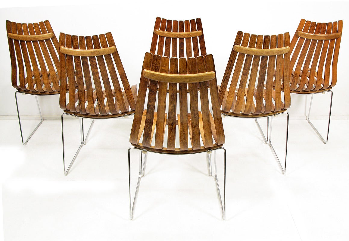 Chrome Six Rosewood Scandia Chairs by Hans Brattrud