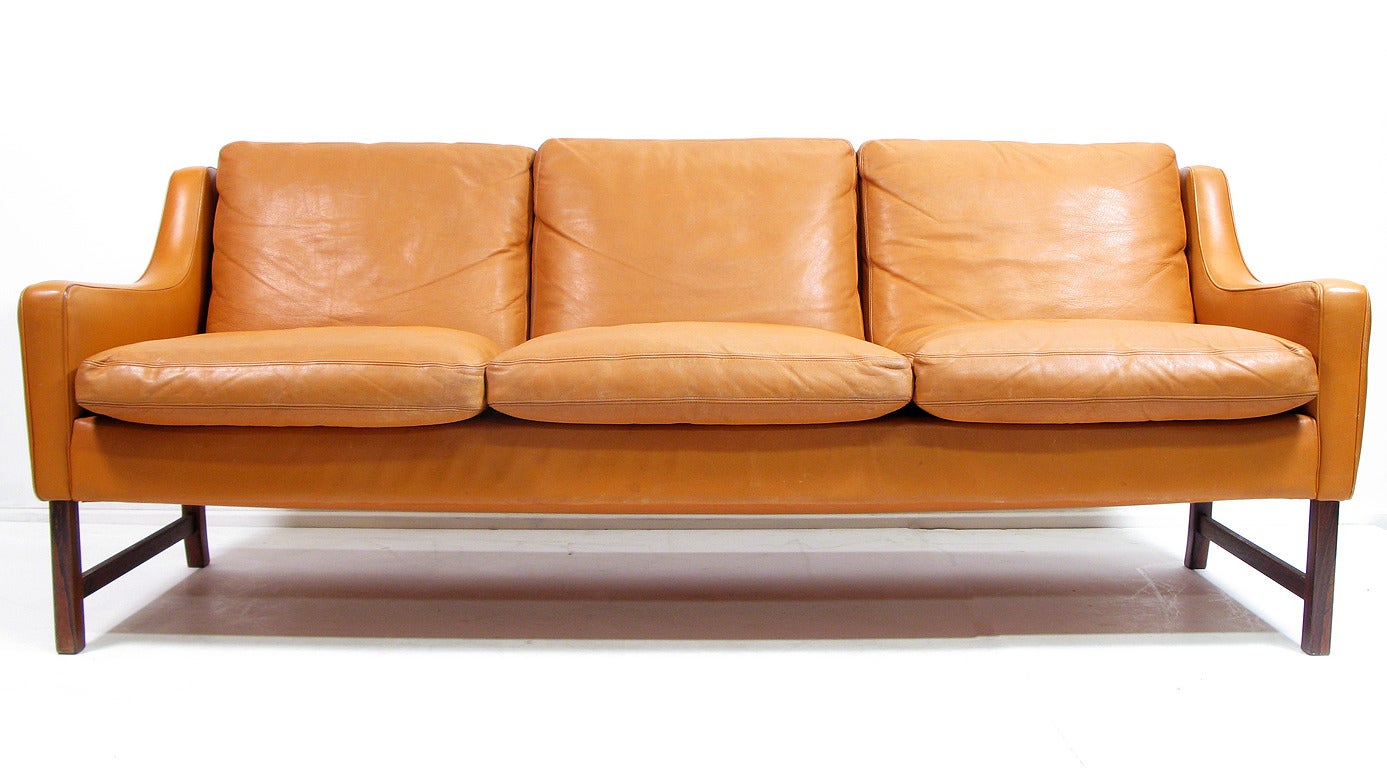 Three-Seat Sofa in Leather and Rosewood by Fredrik Kayser for Vatne