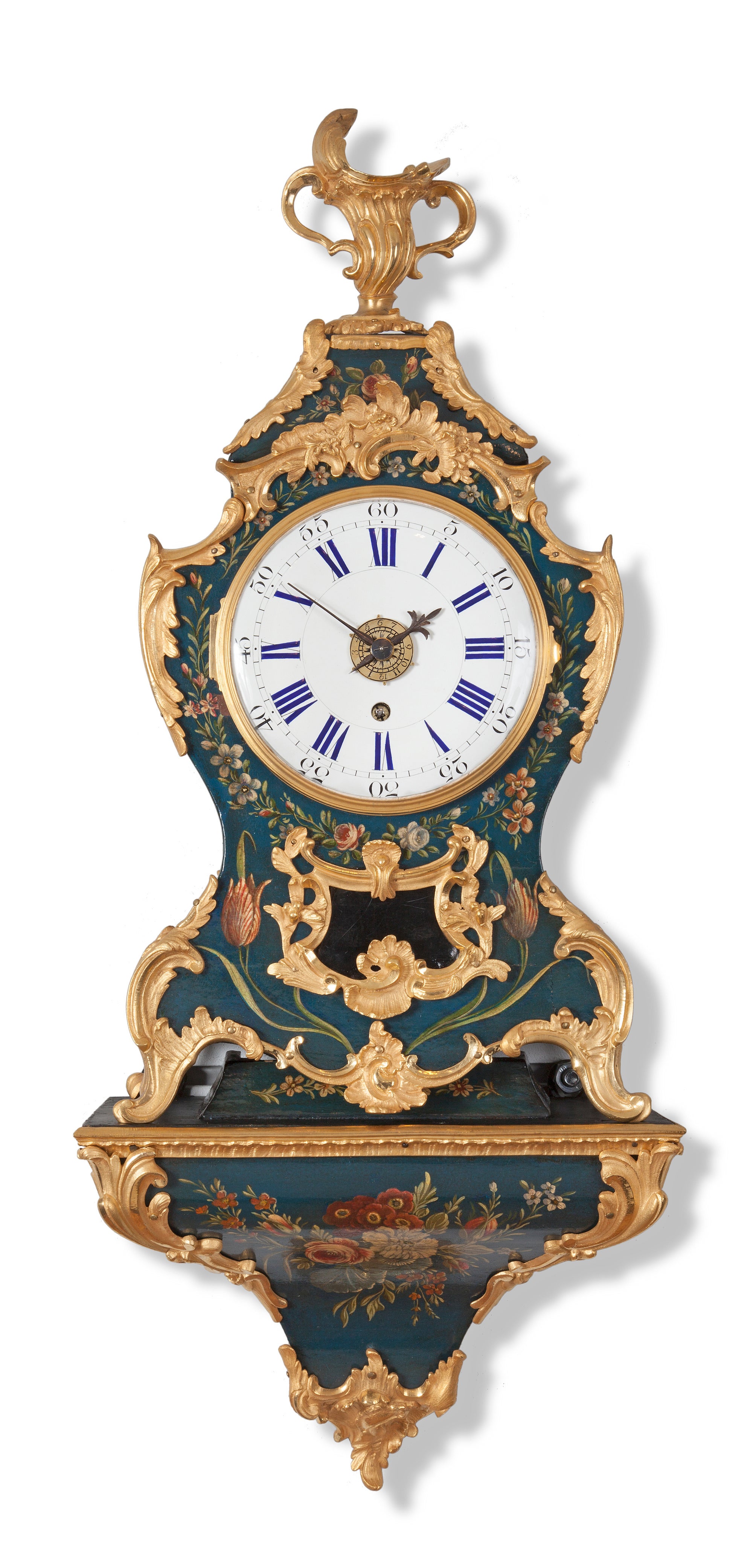 A French Louis XV Blue Vernis Martin Ormolu Mounted Bracket Clock on Wall Bracket, circa 1750 For Sale