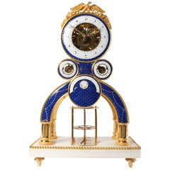A Rare French Directoire Blue Enamel, Ormolu and White Marble Skeleton Clock with Balance and Calendar by Gaston Joly circa 1795